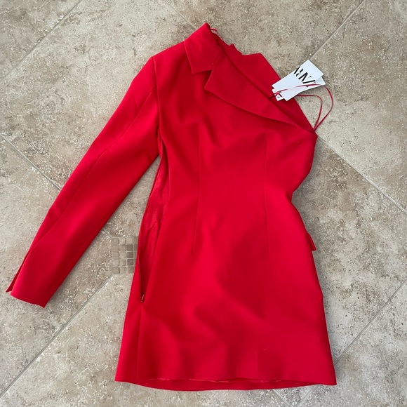 ZARA NWT Elegant Red One-Shoulder blazer Dress - Picture 6 of 6